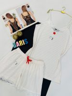 ست تاپ شورتک دانتل دار طرح خال خالی قرمز رنگ زمینه شیری 8994