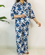 ست_شومیز_شلوار بیسکویتی طرح لوزی آبی زمینه سفید کد 9054_9049_8943