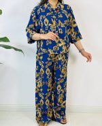 ست_شومیز_شلوار بیسکویتی طرح گل برگ طلایی زمینه آبی کد 9054_9049_8943