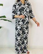 ست_شومیز_شلوار بیسکویتی طرح لوزی مشکی زمینه سفید کد 9054_9049_8943