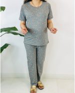 ست تیشرت شلوار پنبه سوپر طرح گل زمینه خاکی8943