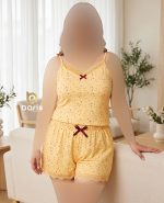 ست تاپ شورتک دانتل دار طرح قلب ریز زمینه گلبهی کد 8994