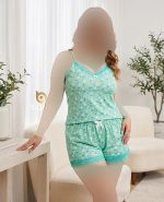 ست تاپ شورتک دانتل دار طرح رنگین کمان زمینه سبز پاستیلی کد 8994