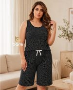 ست تاپ شلوارک خالدار سفید زمینه مشکی کد 9055—-8994