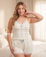 ست تاپ شورتک دانتل دار طرح پروانه رنگی زمینه شیری کد 8994